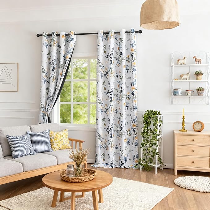 MYSKY HOME 95% Blackout Floral Curtains 90 inch Long for Bedroom Living Room Flower Patterned Room Darkening Thermal Insulated Soundproof Grommet Window Treatments, 2 Panels, 52" Wide, Yellow and Blue