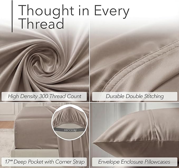 DECOLURE 100% Viscose Derived from Bamboo Sheets Queen Size - Luxury 6 Pc Naturally Cooling Sheets, Ultra Soft Bed Set - Deep 17" Pockets, Durable Double Stitching, Oeko Tex Standard (Taupe)