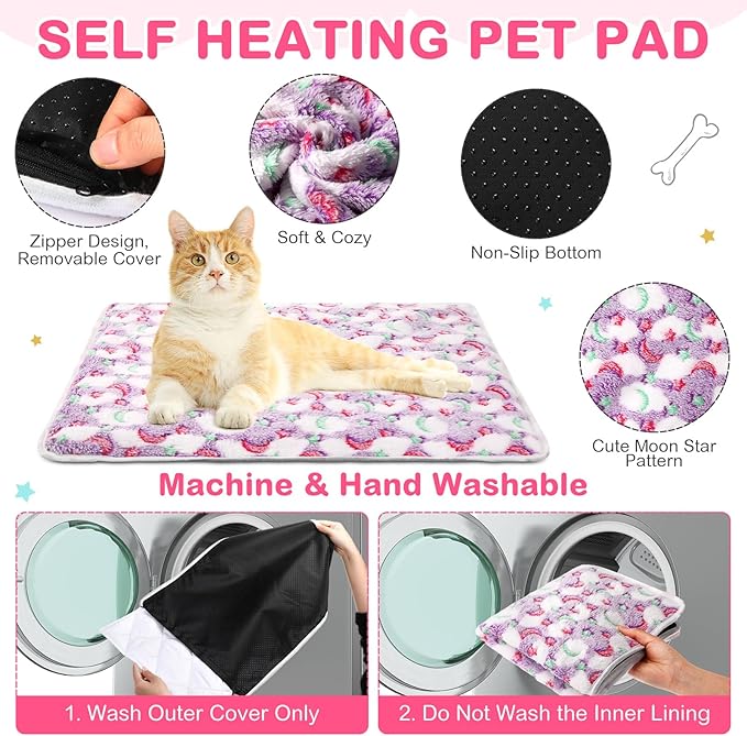 Clysee 4 Pack Self Heating Cat Bed Cat Self Warming Pad with Removable Cover Extra Warm Thermal Pet Pad Washable Pet Crate Mat Anti Slip Kennel for Indoor Outdoor Pets(Stars Moon,16 x 20 Inches)