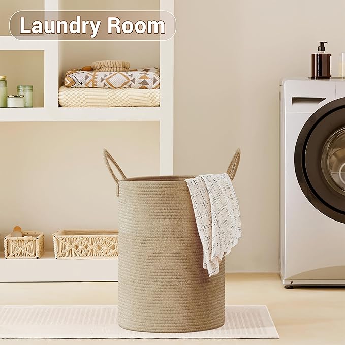 SunNewt Tall Laundry Basket with Handles, 58L Portable Dirty Clothes Hamper, Boho Cotton Rope Storage Bin for Blankets Kids Toys Gifts, Decorative Organizer for Baby Nursery Bedroom Bathroom, Jute