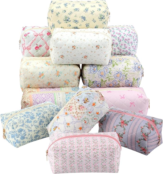 Qinyoung 12 Packs Quilted Makeup Bag Flower Theme Toiletry Cosmetic Bag Aesthetic Makeup Pouch Floral Emergency Kit Pouch for Traveling