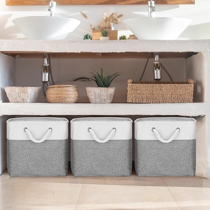 meekoo 8 Pack Collapsible Storage Bins Fabric Storage Bins Polyester Fabric Baskets with Handles Linen Closet Organizer for Shelf Home Closet Towels Toys(12 x 12 x 12 in,Gray White)