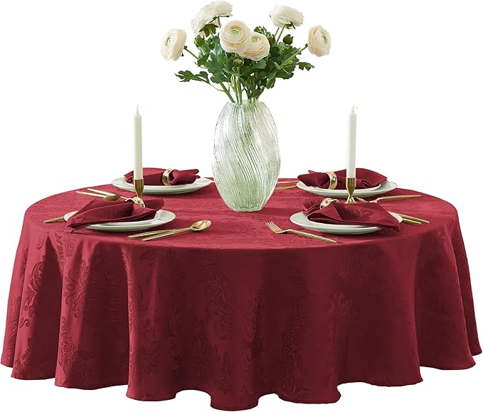 Newbridge Barcelona Damask Fabric Tablecloth, 90 Inch Round, Burgundy – No Iron, Soil Resistant Table Cover for Dining, Parties and Holidays
