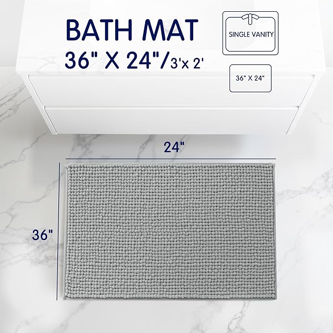 SUBRTEX Bathroom Rugs, 24" x 36" Chenille Bath Rug Soft Short Plush Bath Mat Soft Shower Mat Water Absorbent Shower Mat Quick Dry Machine Washable, Light Gray
