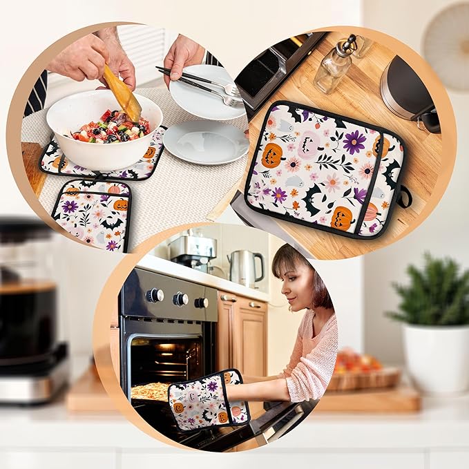 Pastel Halloween Pumpkin Floral Pot Holders with Pockets, Halloween Cute Ghost Bat Oven Pot Holders Heat Resistant Oven Mitts Hot Pads for Kitchen Baking Cooking, Set of 2