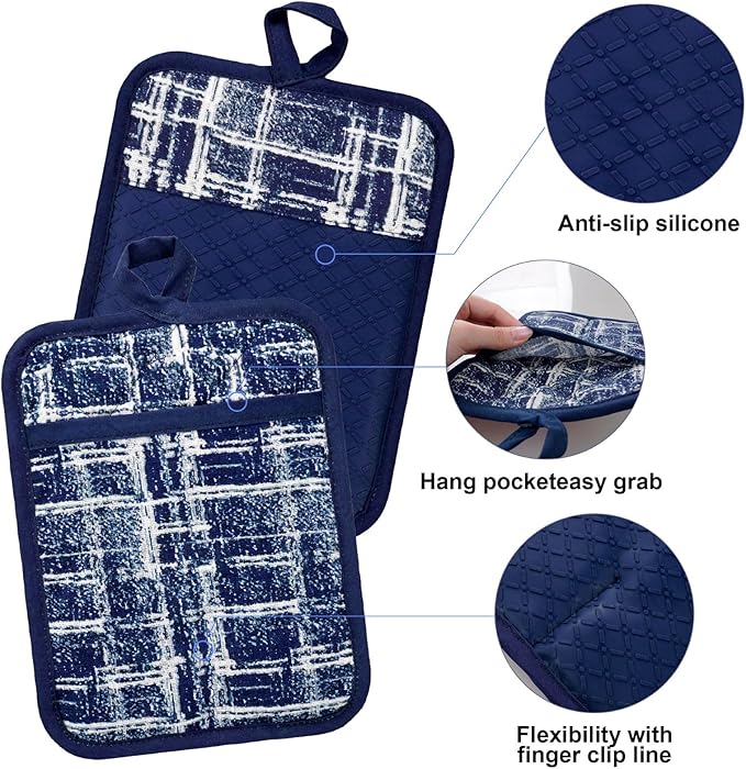 Oven Mitts and Pot Holders with Cooking Apron,Set of 5 Heat Resistant Kitchen Gloves and Silicone Non-Slip Potholders Adjustable Neck Buckle Chef Apron, Cotton Nice Design for Cooking (Navy)