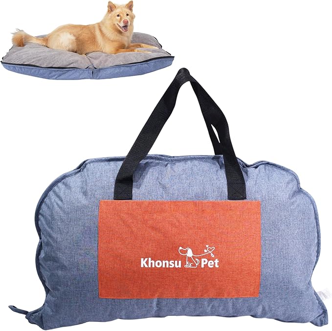 Portable Waterproof Dog Mat for Camping, Patio & Travel - Foldable Outdoor Dog Bed with Teflon Shell & Removable Plush Pad - Easy Clean, Durable - L (Denime Blue)