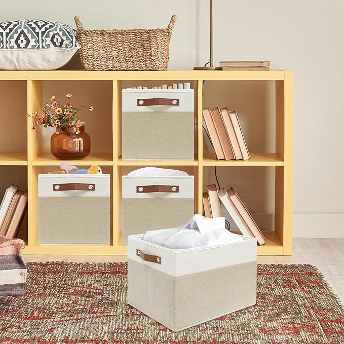 6 Pack Fabric Storage Baskets for Shelves, Closet Storage Bins for Shelves, Fabric Baskets for Organizing with Handles for Home and Office (White with Beige,15"L*10.2"W*9"H)