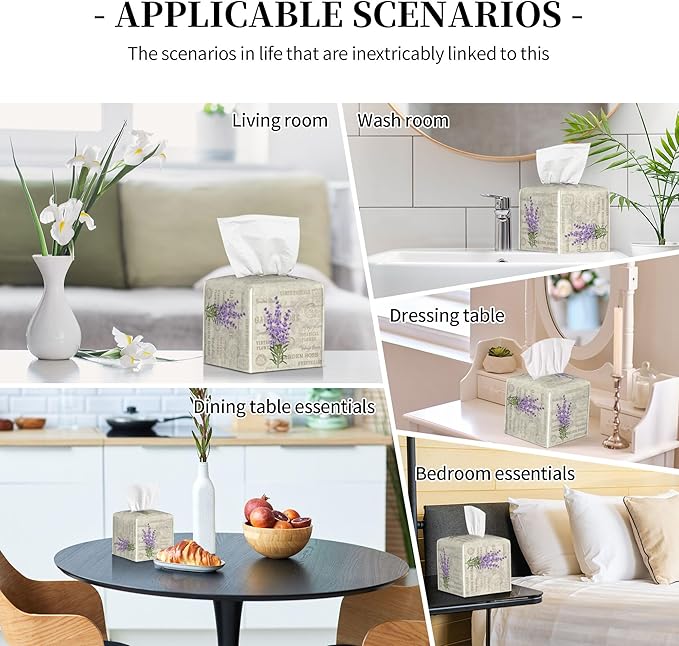 POIUBLE Leather Tissue Box Holder Lavender Flowers Tissue Box Cover Square Waterproof Tissue Holder Organizer Modern Napkin Holder for Bedroom Dresser Night Stand Office Desk