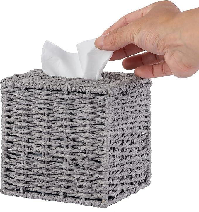 MyGift Gray Tissue Box Cover Square with Lid - Decorative Rattan Kleenex Holder, Woven Cube Tissue Holder for Bathroom Toilet Bedroom Living Room Kitchen Table Desk Office Car