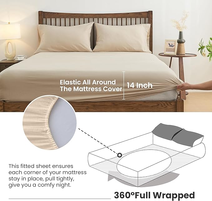 Simple&Opulence Belgian Linen Sheet Set Solid Color - 4 Pieces (1 Flat Sheet, 1 Fitted Sheet & 2 Pillowcases) Natural Flax Cotton Blend Soft Breathable Farmhouse Bedding - Full Size, Linen/Beige
