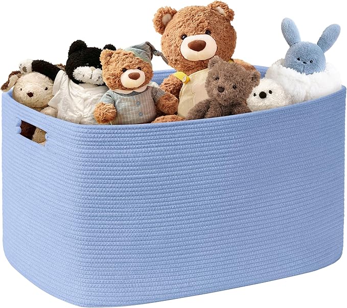 SunNewt 86L Large Baby Girls Laundry Basket for Nursery Storage,Cute Woven cotton Rope Baskets for Kids Toy，Gifts, Boho Square Wicker Blanket hamper for Living Room,Bedroom Dirty Clothes,Blue Purple