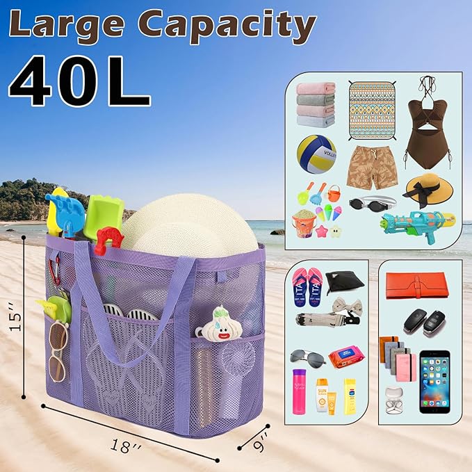 Fammart Mesh Beach Bag, Large Beach Tote Bags with Zipper, Toys Pool Bag for Family Travel Vacation Cruise Essentials