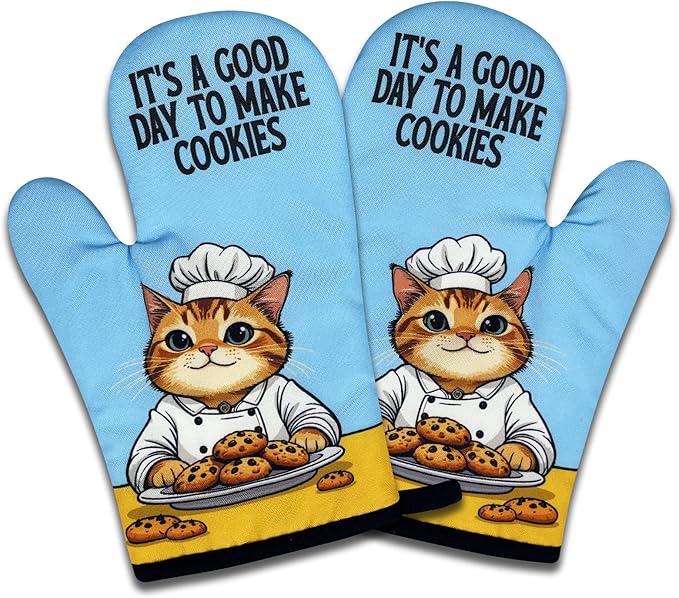 2 Pack Funny Baking Cat Oven Mitts, It's A Good Day to Make Cookies, Heat Resistant Non-Slip Mitts, Baking Gifts for Hostess, Sweet Housewarming Gifts for Women Baker Friend Cookie Lovers