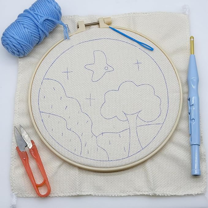 Woohome Punch Needle Kit Included Plastic Hoops, Punch Needle Cloth, Color Yarn and Punch Needle Tools for Adults, Beginners (Sunflower and Tree)