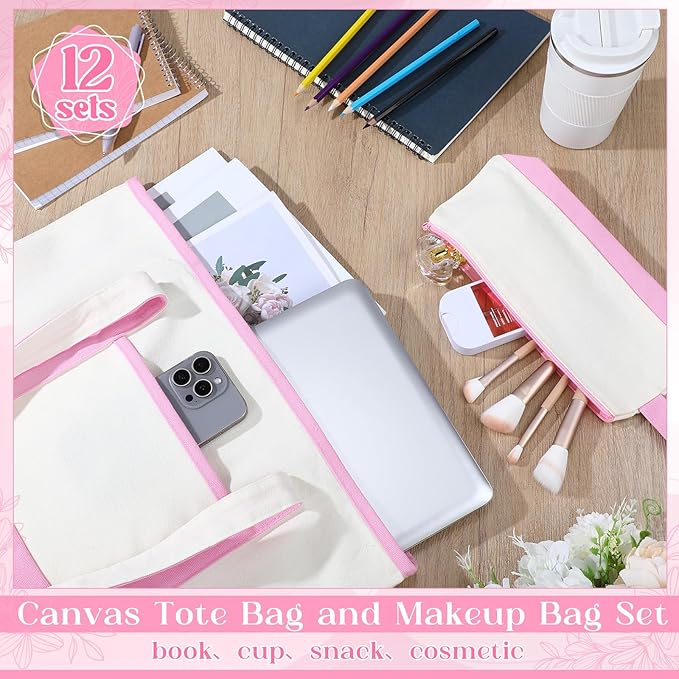 Sanwuta Canvas Tote Bags Bulk with Outer Pocket and Makeup Pouch 18'' Reusable Grocery Bags with Handles for Women Beach DIY