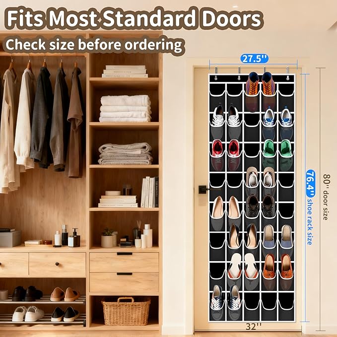 Gisiyunly Over the Door Shoe Organizer with 40 Large Pockets, Multi-Purpose Storage for Shoe and Accessories, Durable Fabric with Adjustable Hooks for Home Closet Bedroom Entryway-Black