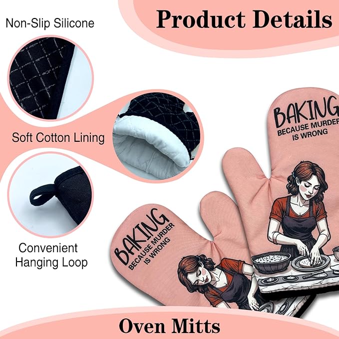 2 Pack Funny Bake Lover Oven Mitts, Baking Because Murder is Wrong, Vintage Lady Heat Resistant Mitts, Humorous Baking Gifts for Mom Wife, Birthday Gifts for Women Hostess Chef Friend Baker