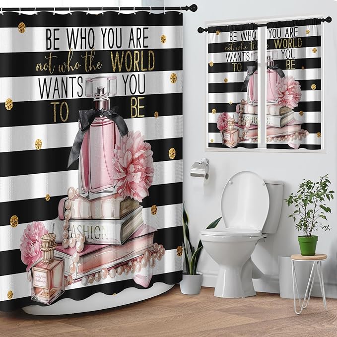 Culudea Pink Fashion Inspirational Quotes Perfume Shower Curtain Set, Floral Woman Girl Bathroom Window Waterproof Shower Curtain Set for Bathroom Decor