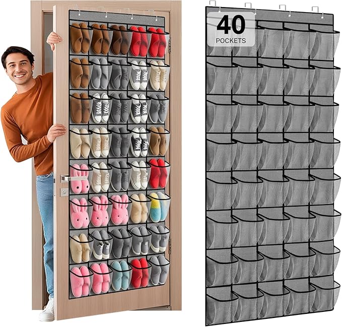 Hualleko 40-Pocket Over the Door Shoe Organizer - Large Mesh Pocket Hanging Shoe Organizer,Behind the Door Shoes Storage Holder Hanger,Large Capacity Design for Dorm Room College,Store 20 Pairs(Grey)