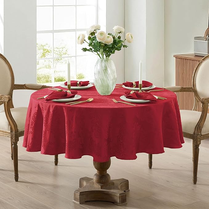 Newbridge Barcelona Damask Fabric Tablecloth, 70 Inch Round, Red – No Iron, Soil Resistant Table Cover for Dining, Parties and Holidays