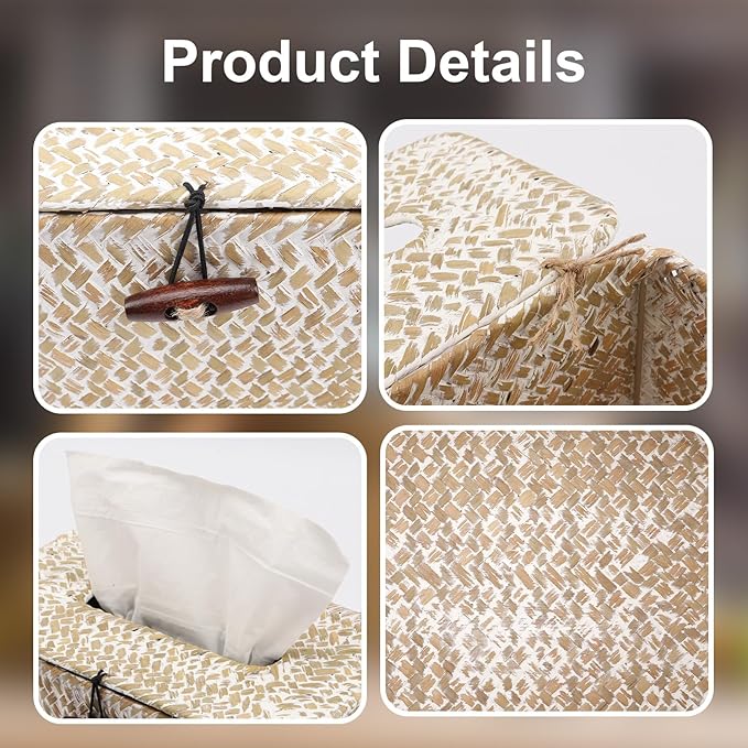 Shonmogar Tissue Box Cover Rectangle Seagrass Tissue Box,Woven Tissue Box Holder with Lid,Farmhouse Tissue Cover for Bathroom Toilet Living Room Bedroom Kitchen Table Desk Office,Whitewash