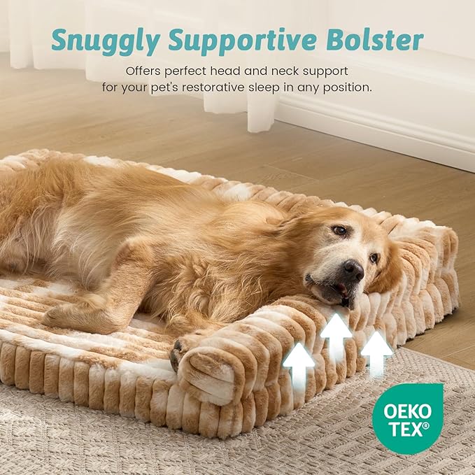 COZY KISS Cute Dog Bed for Extra Large Dogs, Faux Rabbit Fur Orthopedic Dog Bed with Sides, Removable Washable Cover & Waterproof Lining, Comfortable Pet Couch, Tie-Dye Brown (48" L x 35" W x 7.5" Th)