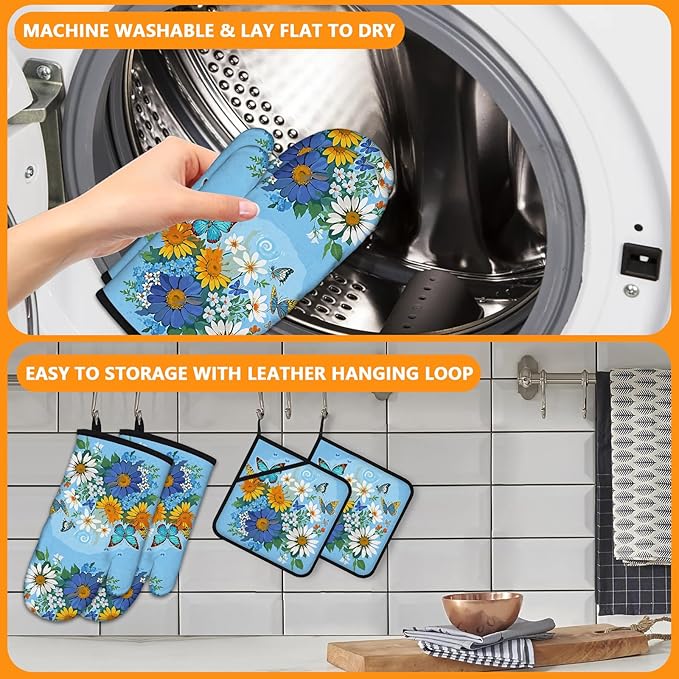 Sunflower Butterfly Oven Mitts and Pot Holders Sets 4Pcs,Extra Long Oven Gloves Potholder for Kitchen Cooking Baking BBQ 100% Cotton Heat Resistant