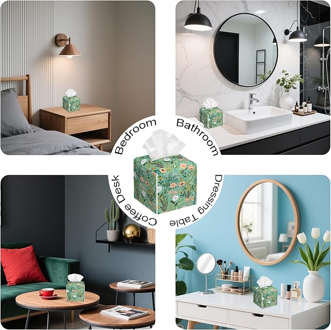 Garden Flower Blooming Tissue Box Holder,Cube Tissue Box Cover Holder,Leather Facial Paper Organizer Dispenser Home for Bedroom Night Stands,Kitchen,Office and Car,5.2"×5.2"×5.2"