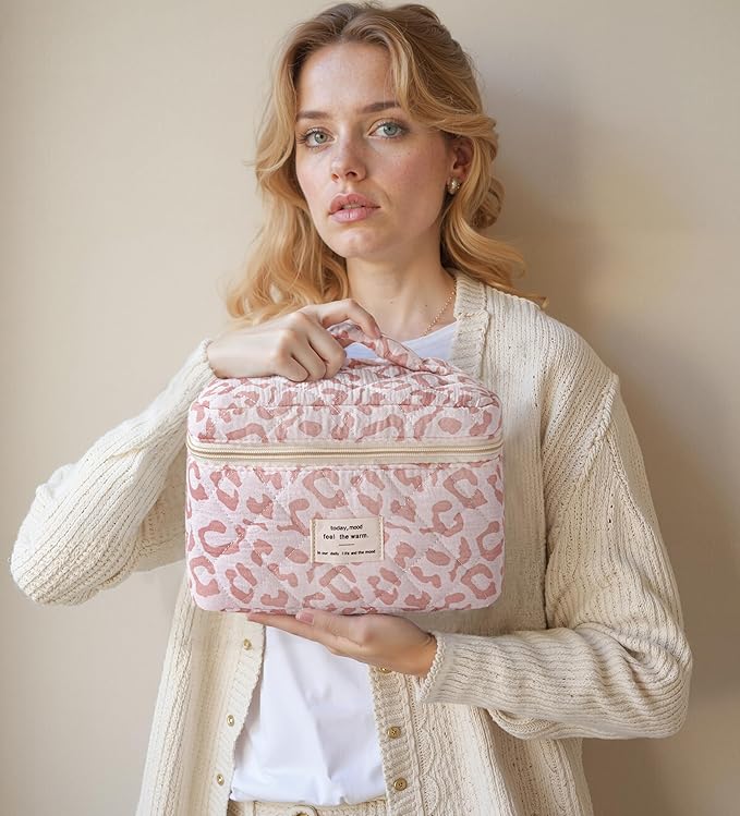HBselect Quilted Makeup Bag, 3PCS Cotton Large Travel Makeup Bag, Cute Floral Coquette Make up Bag Cosmetic Bag Toiletry Bag for Women Girls