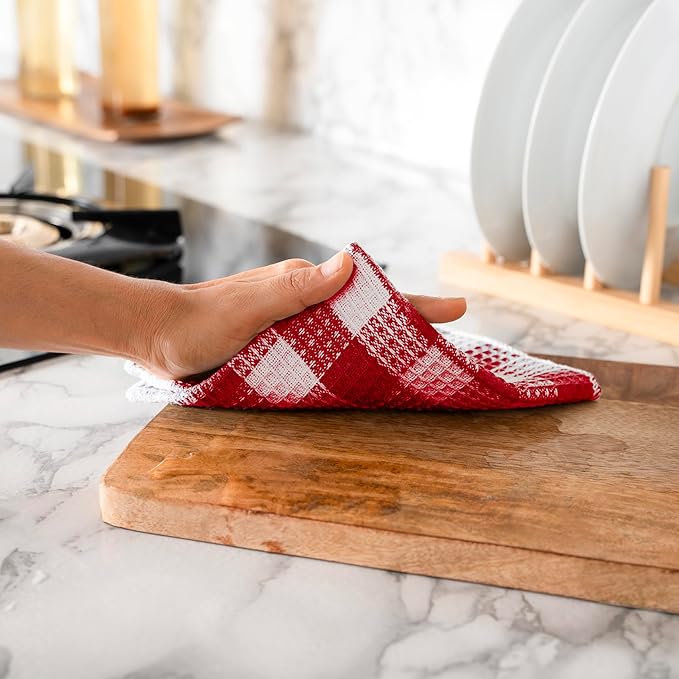Blue Needles Waffle Weave Check Plaid Dish Cloths, 12x12 Inches 100% Cotton Set of 8 Dish Towels for Kitchen, Ultra Soft & Absorbent Kitchen Towels for Quick Drying Spring Summer - Burgundy & White
