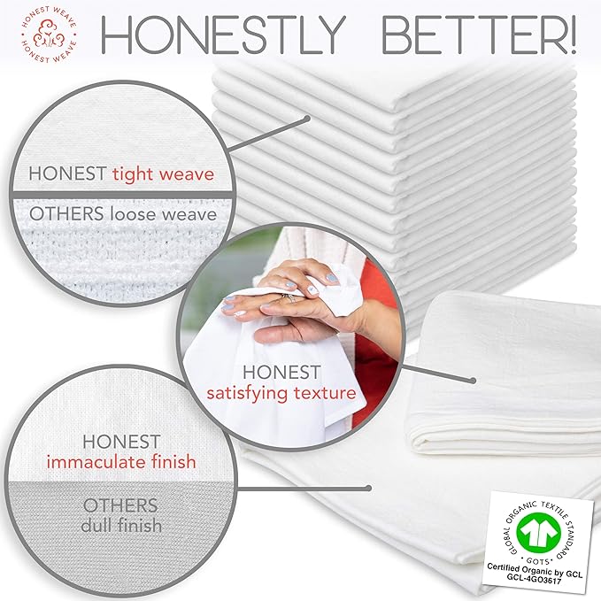 HONEST WEAVE GOTS Certified 100% Organic Flour Sack Cotton Kitchen Hand and Dish Towel Sets - Extra Large 27x27 inches, Fully Hemmed, 12-Pack, White