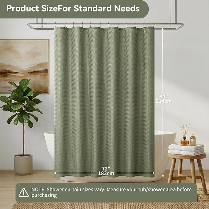 Lameirose 3 in 1 Shower Curtain Set, Waffle Shower Curtain and Liner Set with 12 Double Sided Shower Curtain Hooks, 72 x 84 Fabric Shower Curtains for Bathroom, Green