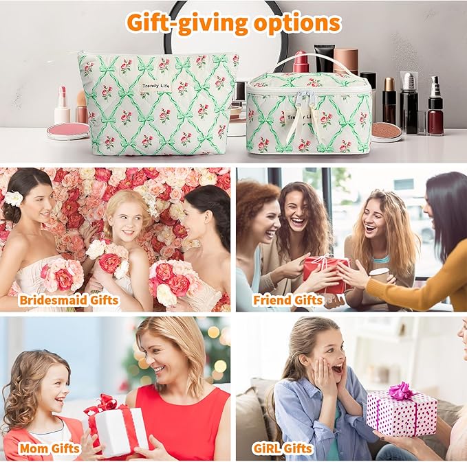 HAOGUAGUA 2 Pieces Makeup Bag, Small Large Quilted Cosmetic Bag, Travel Floral Make Up Toiletry Organizer Bag for Women Girls (2PCS STYLE B-2)