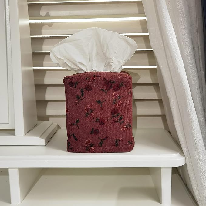 Fabric Tissue Box Cover Square, Vintage Floral Print Corduroy Tissue Holder, Bouquet Wrapping Bag 4.4"X4.4"X5.1", Burgundy