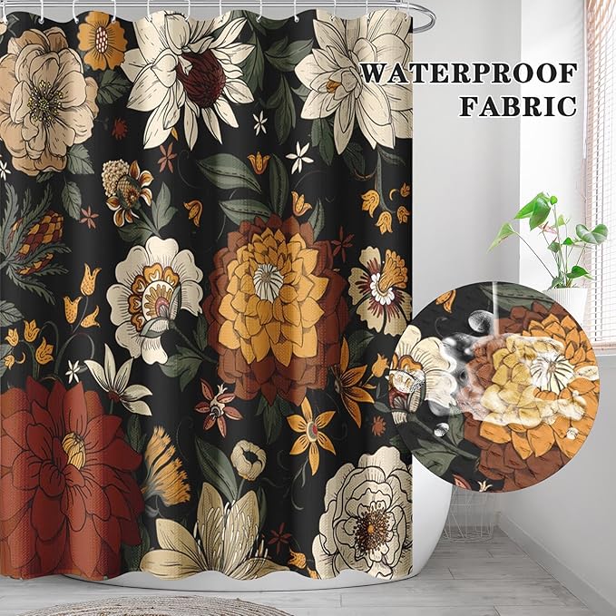 Culudea Boho Floral Black Shower Curtain Set, Vintage Flower Peony Plant Bathroom Window Waffle Textured Cloth Waterproof Shower Curtains for Bathroom Decor
