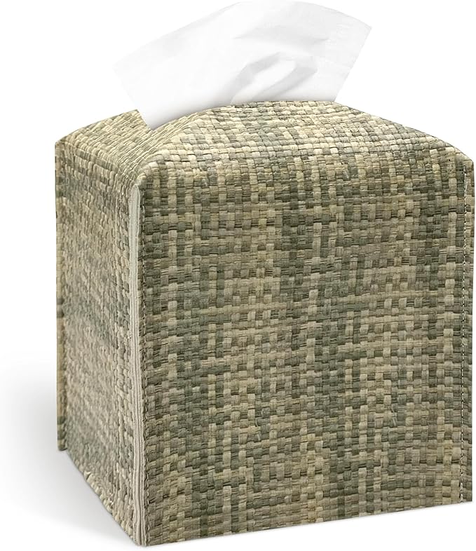 PU Leather Square Tissue Box Cover with Woven Pattern, Cube Tissue Box Holder with Bottom Belt, Perfect Decorative Organizer for Tabletop, Car, Office, Bathroom (Beige Olive Green)