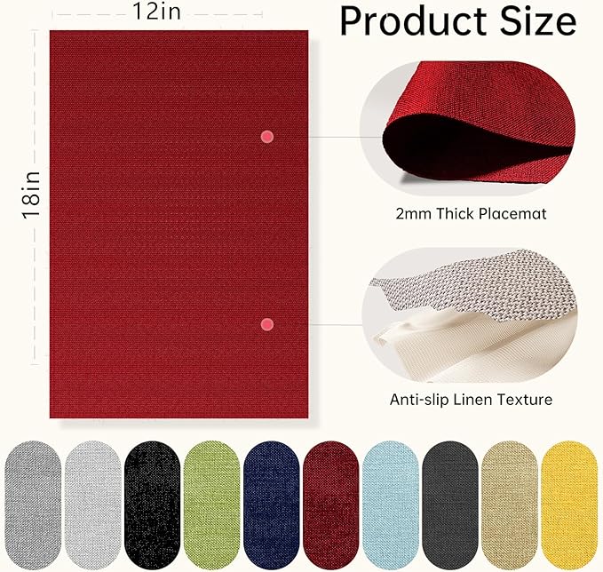 Blue Forest | Rectangular Faux Linen Placemats Set of 8 | Dual- Layered Thickened for Durability | Heat Resistant | Machine Washable | Wrinkle Free for Easy Care Indoor/Outdoor Use - Red