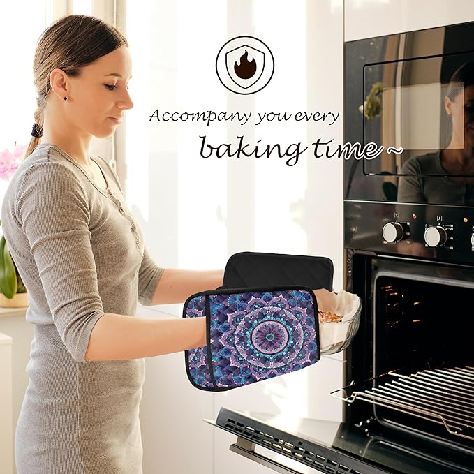Boho Purple Blue Mandala Floral Pot Holders 2 Pack Set, Vintage Hinduism Spiritual Folk Lotus Flower Mandala Heat Resistant Oven Hot Pads for Kitchen Countertop Baking，073 Potholder