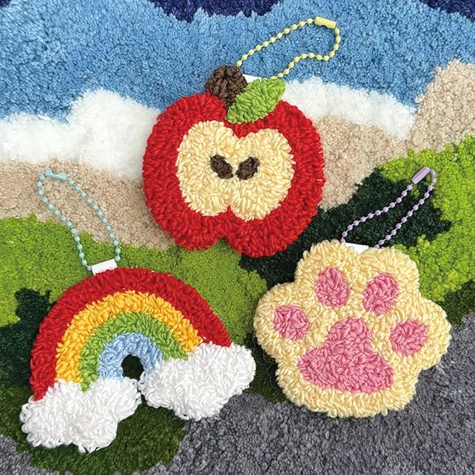 HAND U JOURNEY 3Pcs Embroidery Punch Needle Bachpack Charm Kit, Original Design with 2.2mm Punch Tool, Threads and Hoop. Random Color Chain (Rainbow & Cat paw)