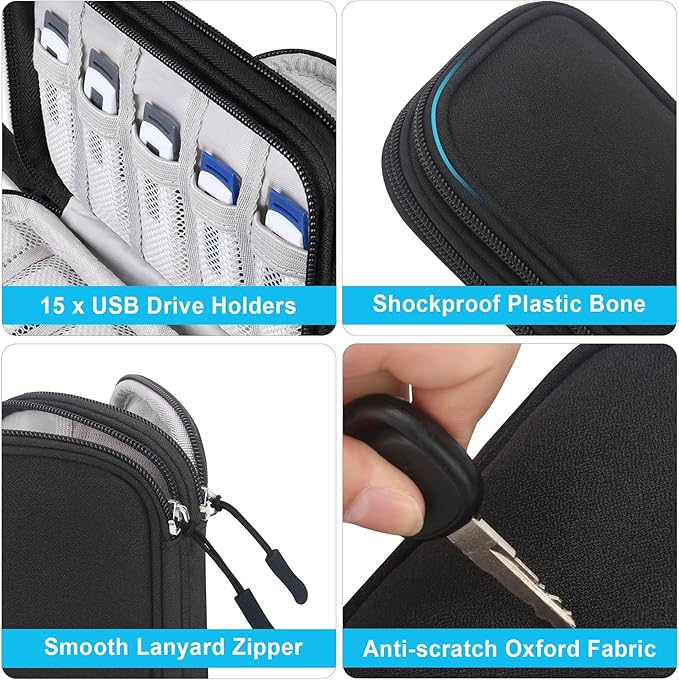Lacdo USB Flash Drive Case Thumb Drive Holder Case Organizer Portable Electronic Accessories Storage Bag for SanDisk/SamData/Samsung USB Flash Drives Jump Drive Memory Stick, SD Card, Cable, Black