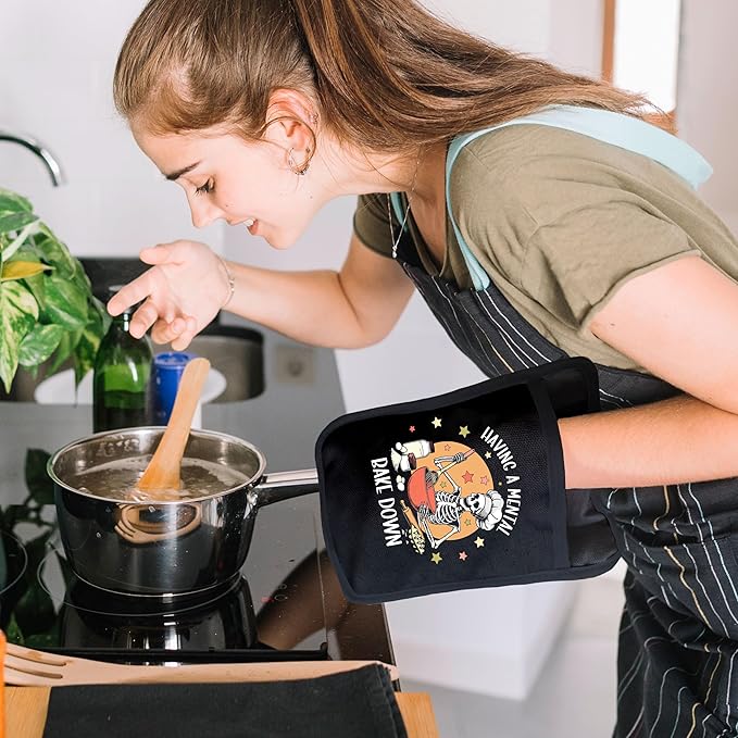 Funny Gothic Skeleton Oven Mitts Set, Funny Baking Gifts for Women, Having a Mental Bake Down Goth Heat Resistant Kitchen Oven Gloves for Baking and Cooking,Pot Holders