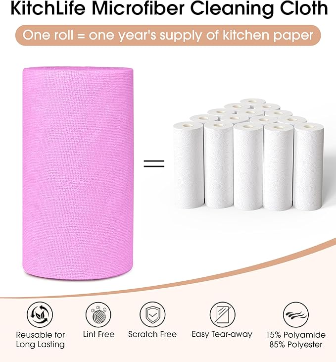 KitchLife Microfiber Cleaning Cloth Roll, 100 Pack - Tear-Away Microfiber Paper Towels, Lint-Free, Reusable, Washable for Kitchen, Car, Dishes, and Sensitive Surfaces (Light Purple)