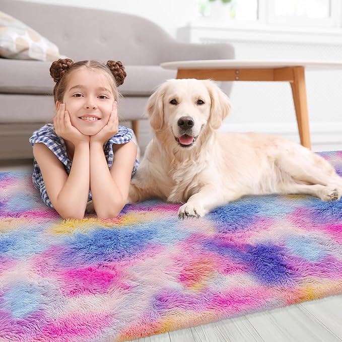 Pink Rainbow Rug for Girls Bedroom Bedside 3x10 ft, Soft Fluffy Plush Runner Carpet Shag Kids Area Rug for Little Girls Room, Cute Colorful Rug Runner for Hallway Nursery Living Room
