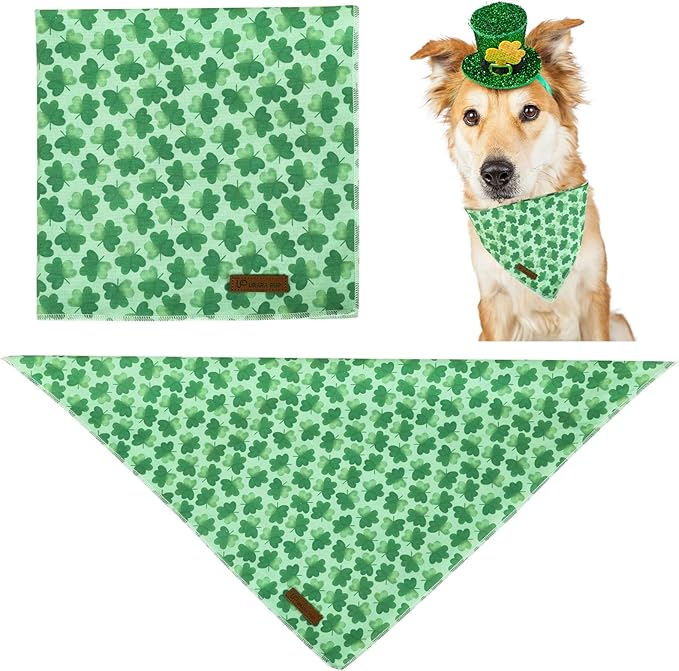 UP URARA PUP St. Patrick's Day Dog Bandana, Shamrock Triangle Bid Scarf, Cotton Green Bandana for Boy & Girl Dogs, Cute Spring Dog Kerchief