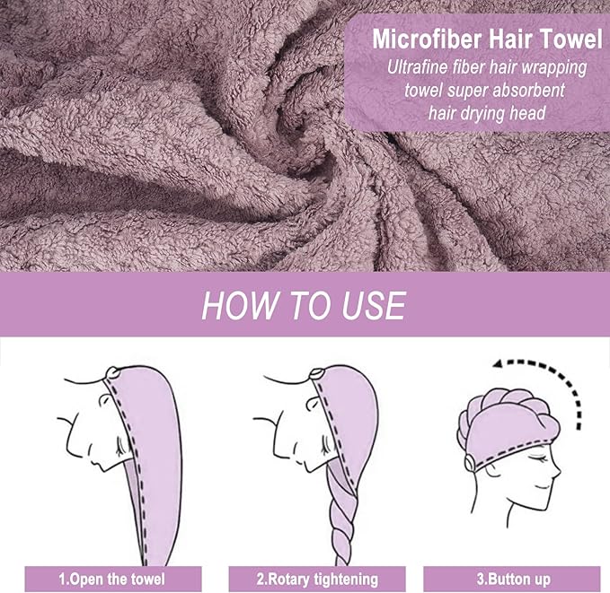 YHPDYL 3 Pack Microfiber Hair Towel Wrap for Women, Fast Drying Hair Turban with Button, Anti-Frizz Large Hair Towel for All Hair Styles, Soft & Absorbent Hair Drying Towel (Purple, Bule, Brown)