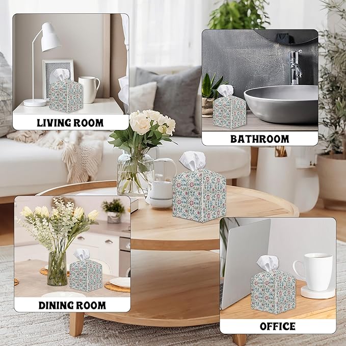 Retro Flowers Square Tissue Box Holder Cover, Tissue Cube Box Organizer for Bathroom, Living Room, Office, Countertop, Car, Night Stands, Modern Home Desk Tabletop Decor - A09