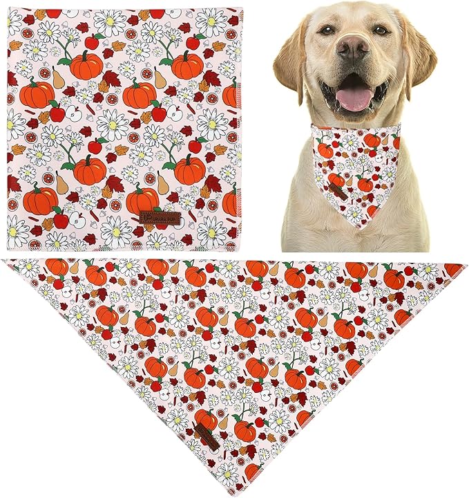 UP URARA PUP Fall Dog Bandana – Beige Pumpkin Floral Triangle Scarf for Small Medium Large Dogs, Soft Cotton Pet Bib for Autumn Thanksgiving, Adjustable Dog Kerchief for Seasonal Daily Wear