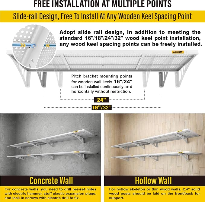 Aecxm 4-Pack 1.64x4ft Adjustable Garage Wall Shelving 1120lbs Load Capacity Heavy Duty Wall Mounted Storage Shelf Metal Floating Shelves for Garage(White)
