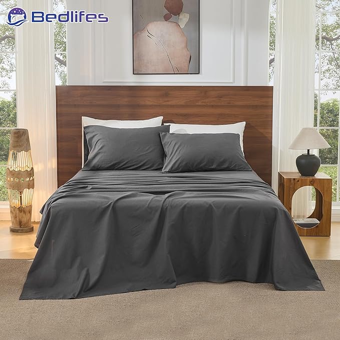 Bedlifes 100% French Pure Linen Sheets California King Size Breathable and Cooling Flax Sheet Set Soft Durable and Moisture Wicking 16 Inch Deep Pocket-4 Piece(Cal King,Dark Grey)